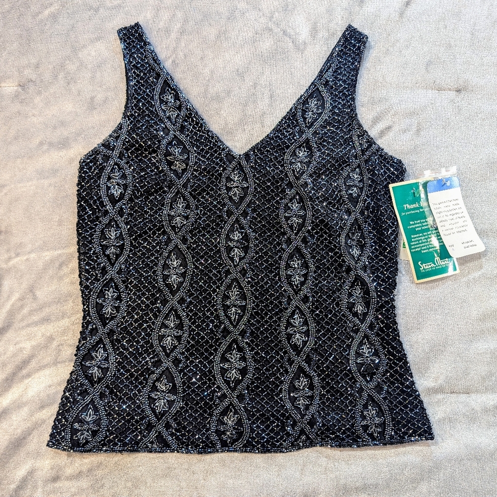 Vintage Adrianna Papell Hand Beaded 100% Silk Shell Black Evening Top Size S